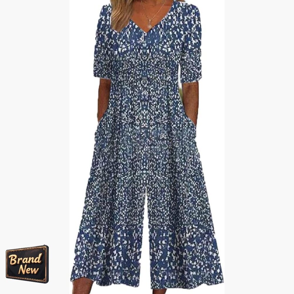 Medium V-Neck Wide Leg Jumpsuit Polyester Spandex Loose Fit
